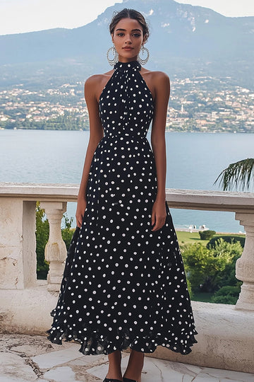 Hög hals Svart Vit A Line Polka Dots Klänning